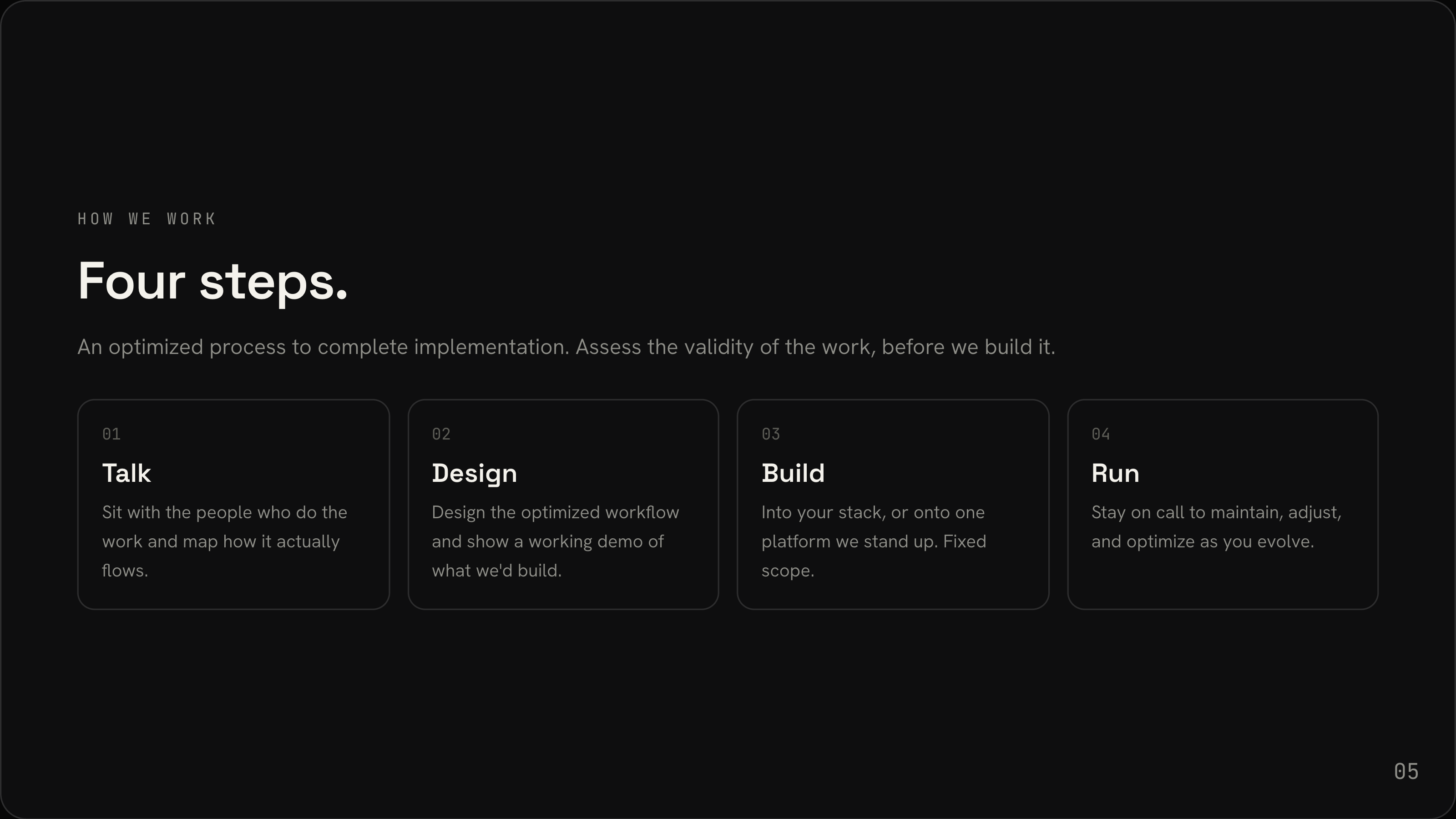 Company deck slide 5: Talk, Design, Build, Run